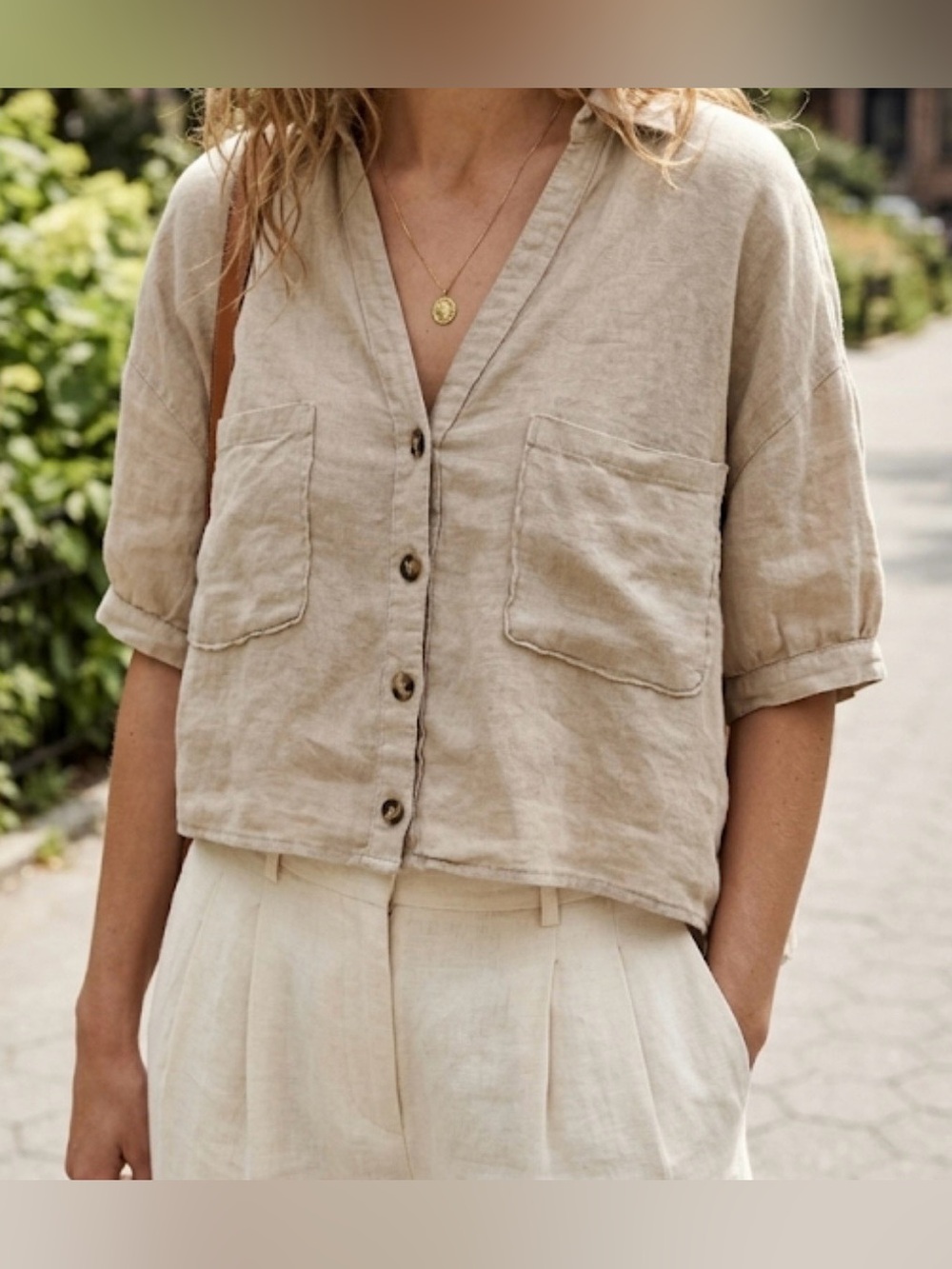 Zara Beige Linen Button-Down Crop Shirt